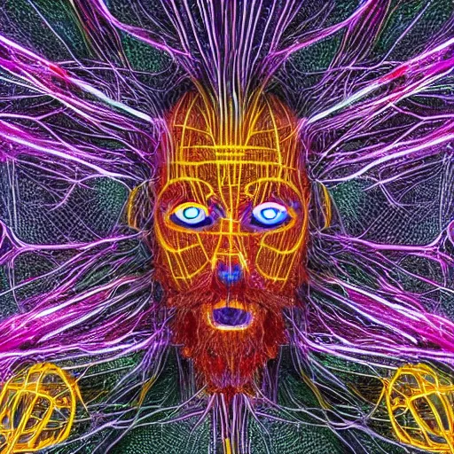 Prompt: three three eyed humanoids, third eye middle of forehead, wide wide shot, very hairy bodies, vivid colors, thin wires, beautiful lighting