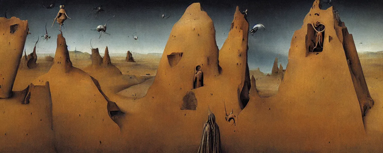 Prompt: Barren Desert Triptych by Hieronymus Bosch, Zdzislaw Beksinski, surreal oil painting, highly detailed, dream like, masterpiece