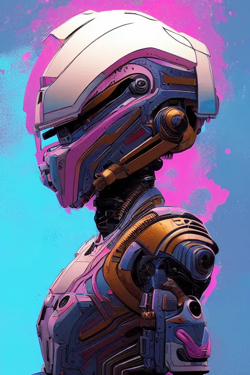 Prompt: portrait of a girl with a biomechanic armor in a colors explosion by Laurie Greasley and Greg Rutkowski , digital painting, highly detailed, trending on artstation