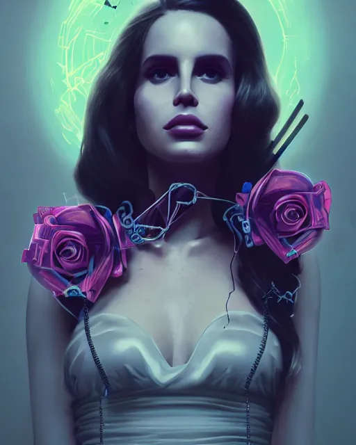 Image similar to portrait of lana del rey as a cyberpunk cyborg. sci - fi intricate abstract upper body intricate artwork, roses, rose petals by tooth wu, wlop, beeple, dan mumford. concept art, octane render, trending on artstation, greg rutkowski, asymmetrical, cinematic arthouse, key art, hyper realism, iridescent accents