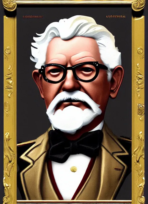 Image similar to close up portrait of colonel sanders - sepia, decorated civil war veteran, union uniform by artgerm, cushart krenz, greg rutkowski, mucha. art nouveau. gloomhaven, golden arches logo, pale colors, sharp edges. ultra clear detailed. 8 k. elegant, intricate, octane render