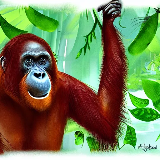 Prompt: scene from videogame, orangutan in the rainforest , digital art