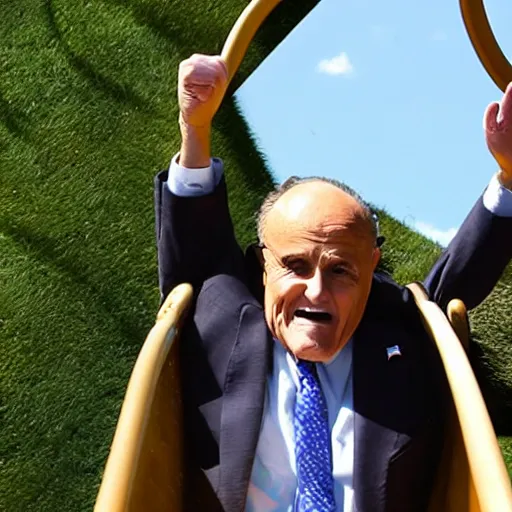 Prompt: rudy giuliani sliding down a waterslide