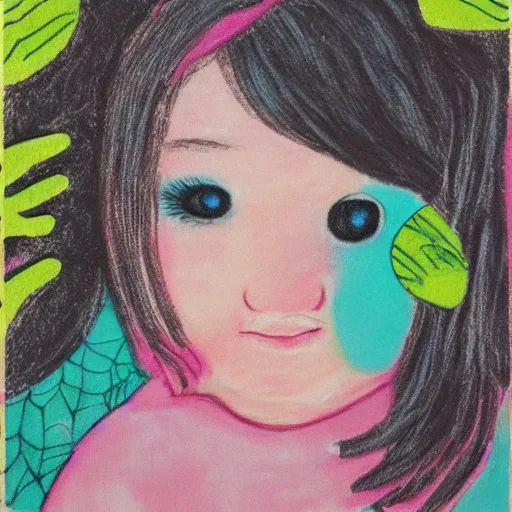 Image similar to a girl with a spider, xilography, bright pastel colors