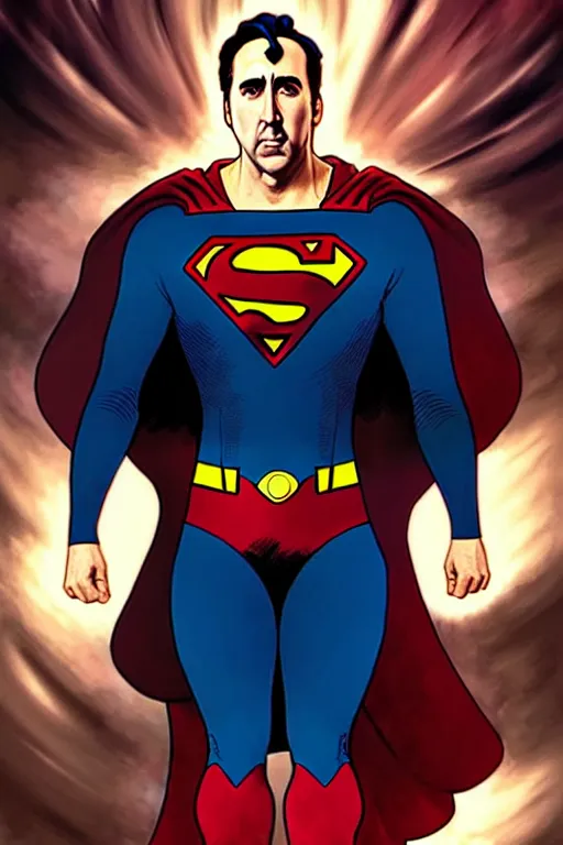 Prompt: nicolas cage as superman, art by artgerm and greg rutkowski and alphonse mucha