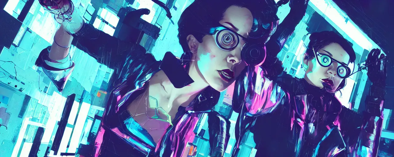 Prompt: duotone illustration 3 / 4 portrait of molly millions from neuromancer. mirror glasses, claw blades in fingers, trinity matrix, tech noir volumetric lighting. dynamic composition. by sachin teng and sergey kolesov and ruan jia and heng z. graffiti art, scifi, fantasy, hyper detailed. octane render. concept art. trending on artstation