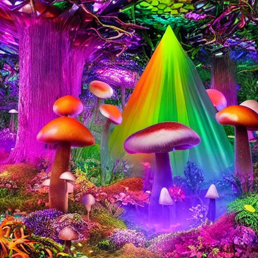 Prompt: hello Mushrooms covering the inside of prismatic jungle, fairy dust in the air