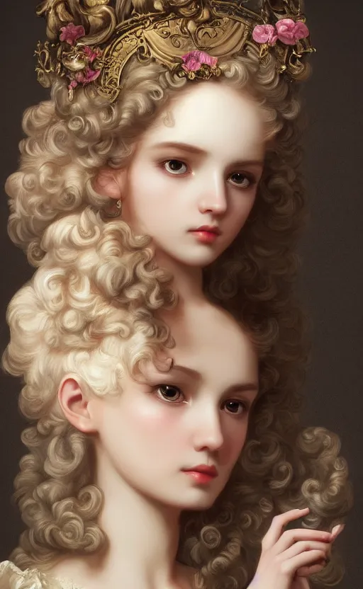 Prompt: pop surrealism, rococo, baroque hair, angelic young female seductive - fine - face, pretty face, key visual, realistic shaded perfect face, fine details by stanley artgerm lau, wlop, mark ryden, andrei riabovitchev, marc simonetti, and sakimichan, trending on artstation