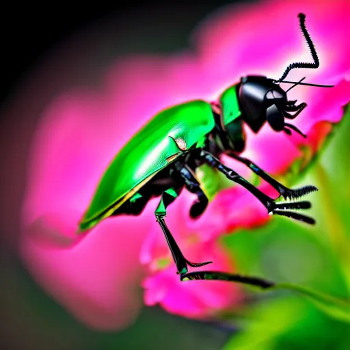 Image similar to rose chafer with quadcopter drone wings creating turbulence above rose flowers black background