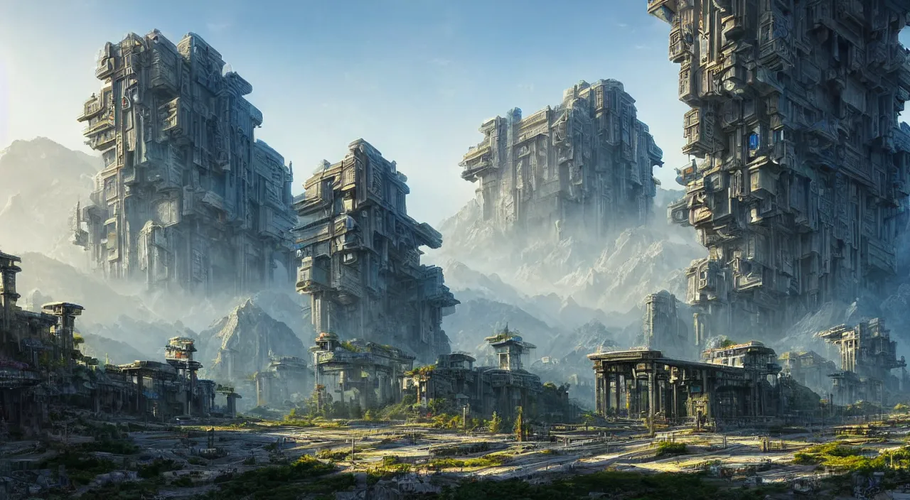 Prompt: futuristic cyberpunk city under kashmir mountains, hill valley grec greeble temple of olympus glory island little wood bridge painting of tower ivy plant in marble late afternoon light, wispy clouds in a blue sky, by frank lloyd wright and greg rutkowski and ruan jia