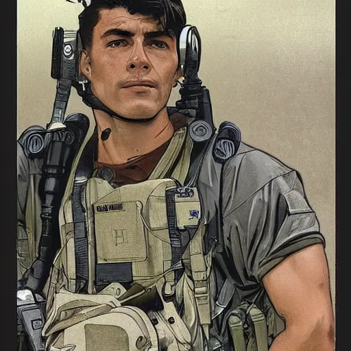 Image similar to Hector. Handsome USN special forces recon operator in near future gear, cybernetic enhancment, on patrol in the Australian neutral zone, 22 years after the Helvetica Event. 2087. Concept art by James Gurney and Alphonso Mucha