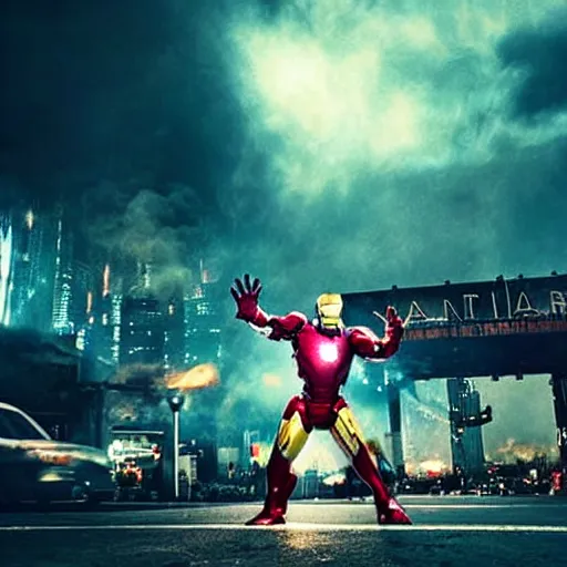 Image similar to < photo hd stunning reimagined mood = gritty gaze = camera > iron man shooting flames from his hands, burning city in the background < / photo >