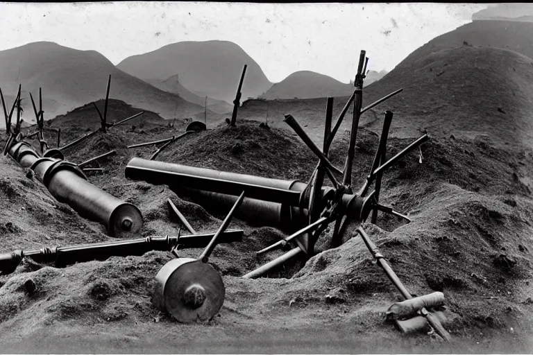 Image similar to ww 1 artillery pieces entrenched with a beautiful background of hills and mountains, black and white photography, 1 9 0 5