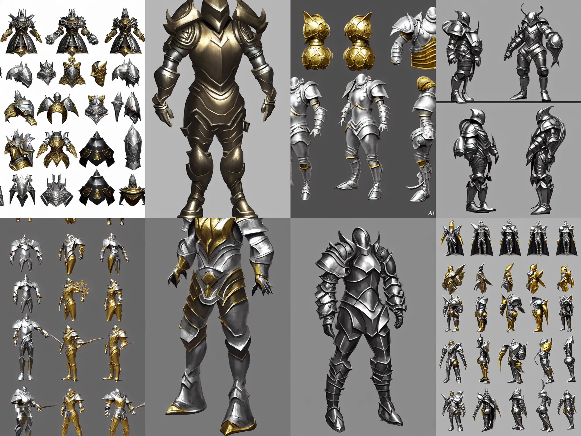 Prompt: heavy disassembled fantasy armor pieces, separate armor parts, silver with gold trim, extremely polished, exaggerated proportions, flat shading, smooth, uncluttered, extremely clean, trending on artstation, trending on polycount, fantasy character portrait, professional concept art, front view, A-pose, full body