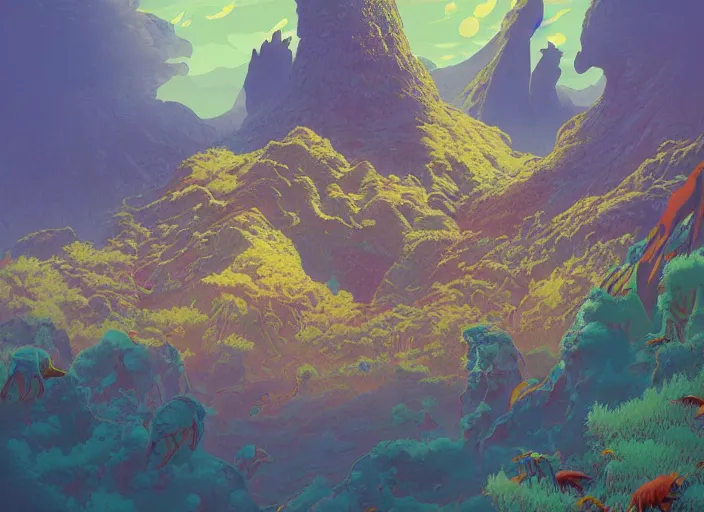 Image similar to psychedelic art of a prehistoric landscape with dinosaurs and volcanoes, detailed, cel shaded, by makoto shinkai and moebius and anton fadeev and james gurney