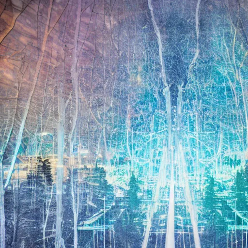 Prompt: double exposure of a white snowy forest and a colorful hologram city