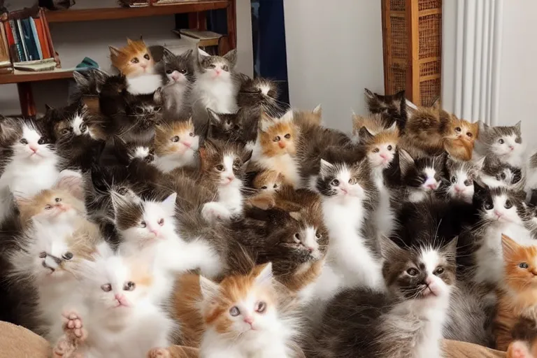 Image similar to a living room full of cute kittens that are all sitting positioned facing directly at the camera and all of the kittens are looking directly into the camera