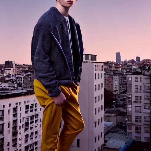 Image similar to un ultra high definition studio quality fashion editorial photographic portrait of a young man standing on the rooftop of an apartment building wearing all eclectic soft clothes. wide angle. three point light. extremely detailed. golden hour, golden ratio, ray tracing, volumetric light, shallow depth of field.