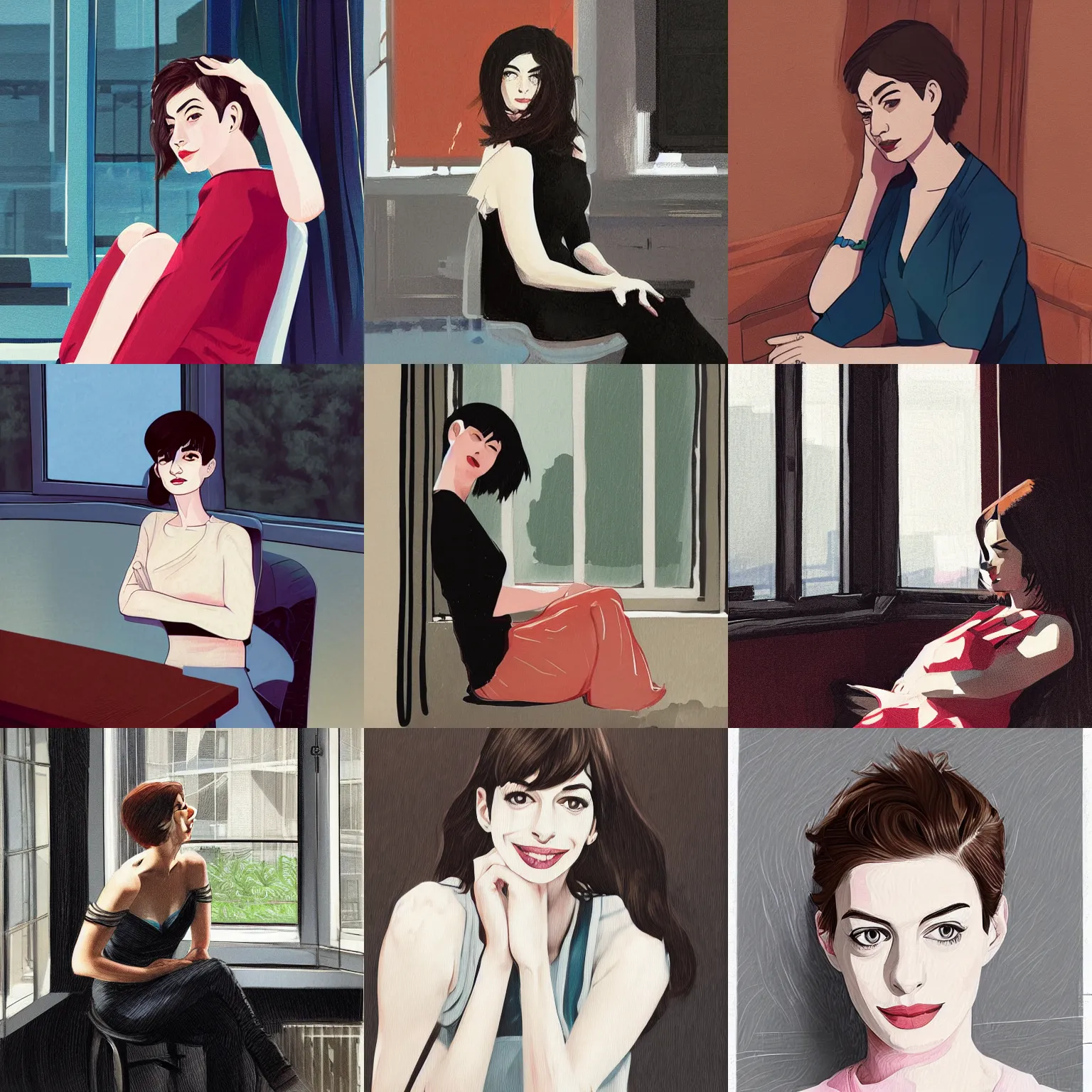 Prompt: anne hathaway, drawn in the style of ilya kuvshinov, sitting down, leaning against the window