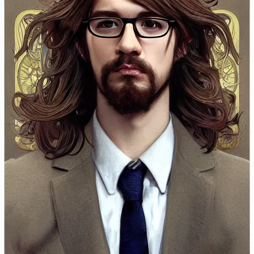 Prompt: highly detailed vfx portrait of a brown long hair centre parting pretty boy with brown eyes and white glasses and short goatee by hidari, wenjun lin, alphonse mucha, sakimichan, sharp focus, art by artgerm and greg rutkowski!, backlit, harsh overhead sunlight,