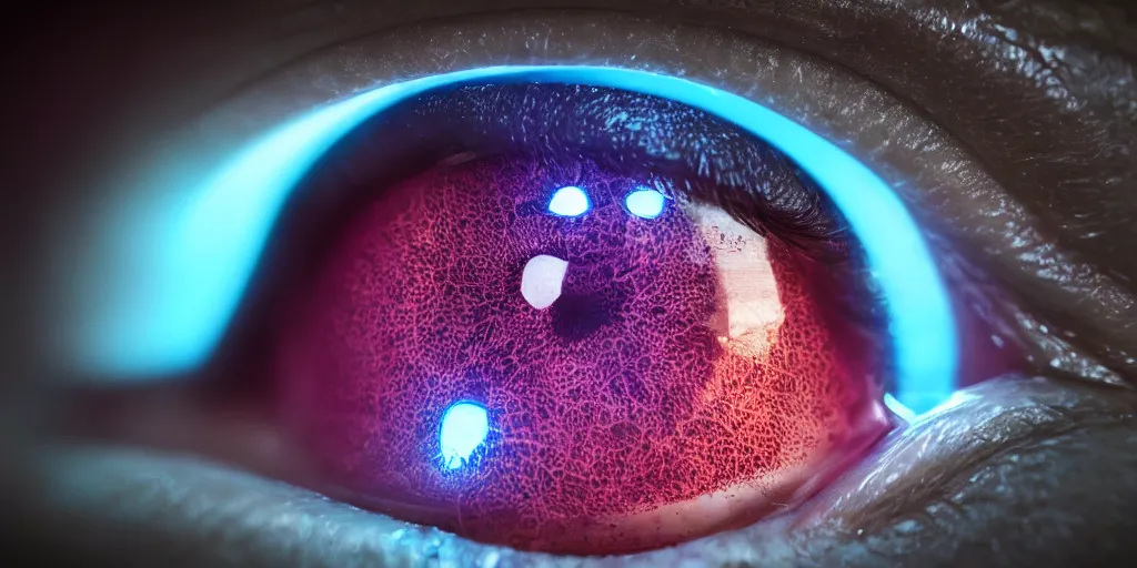 Image similar to an extreme close - up portrait of a neon glowing human eye, photographic filter, unreal engine 5, realistic, hyperdetailed, 8 k, cinematic, volumetric lighting, very realistic effect, hd, hdr, 4 k, sharp focus, octane render, ultra detailed, high resolution, trending on artstation in the style of albert dros glowing rich colors powerful imagery