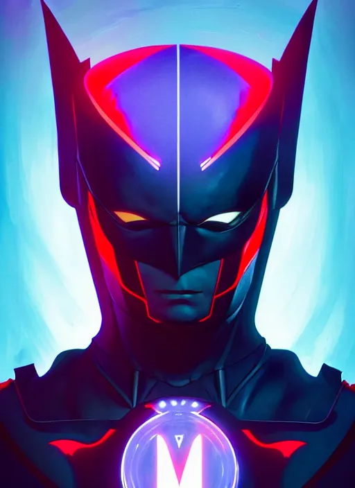 Image similar to symmetry!! portrait of batman beyond, sci - fi, tech wear, glowing lights!! intricate, elegant, highly detailed, digital painting, artstation, concept art, smooth, sharp focus, illustration, art by artgerm and greg rutkowski and alphonse mucha