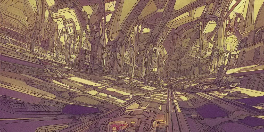 Prompt: cel shaded cinematic shot of the interior of a sci-fi space station with ornate Elven architecture, epic castle, illustration, sharp focus, concept art by Moebius, Jean Giraud Moebius