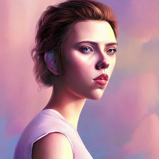 Image similar to a beautiful scenic painting of a beautiful young woman that looks like scarlett johansson by artgerm and wlop and wes anderson and spike jonze