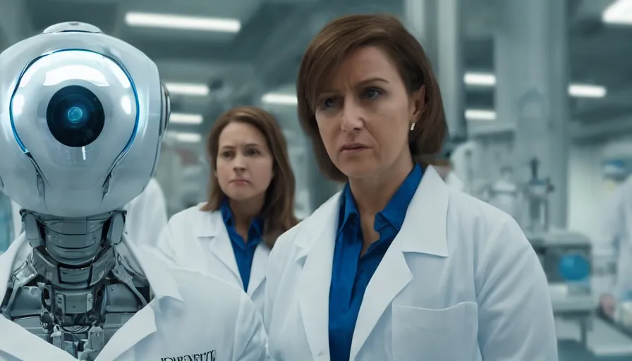 Prompt: big budget action movie about female scientist confronts male ceo about robot photographs