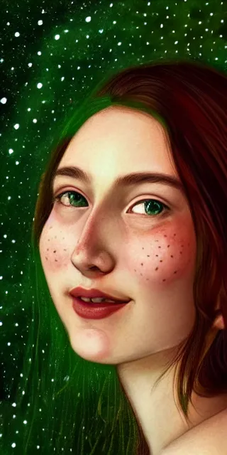 Prompt: infp young woman, smiling, amazed by golden fireflies lights, sitting in the midst of nature fully covered, long loose red hair, intricate linework, green eyes, small nose with freckles, oval shape face, realistic, expressive emotions, dramatic lights, spiritual scene, hyper realistic ultrafine art by cecco del caravaggio and artgerm