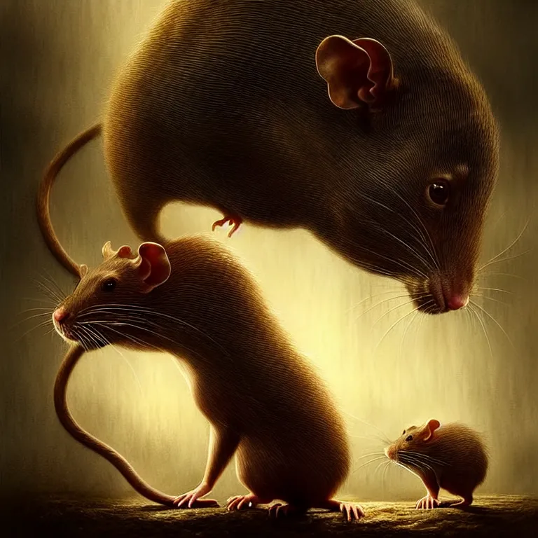 Image similar to epic professional digital art of imposing hungry rats, faint golden moody atmospheric lighting, painted, intricate, detailed, detailed, foreboding, by leesha hannigan, wayne haag, reyna rochin, ignacio fernandez rios, mark ryden, iris van herpen,, epic, stunning, gorgeous, much wow, cinematic, masterpiece.