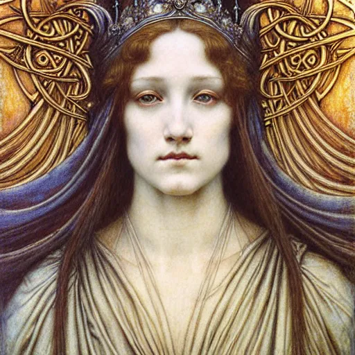 Image similar to detailed realistic beautiful young medieval queen face portrait by jean delville, gustave dore and marco mazzoni, art nouveau, symbolist, visionary, gothic, pre - raphaelite. horizontal symmetry