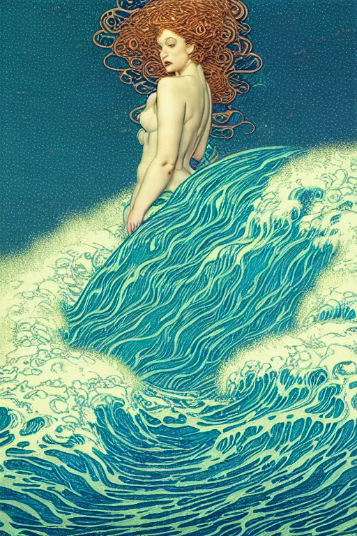 Image similar to a sea witch summoning a giant wave by dan mumford and gustav klimt and john harris and jean delville and victo ngai, highly detailed, photorealism, hyperrealistic, art deco, art nouveau