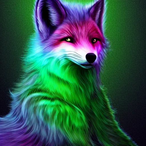 Prompt: digital silver fox turned green, retrowave palette, digital world, highly detailed, electric breeze, anatomically correct vulpine, synth feel, fluffy face, ear floof, flowing fur, super realism, accurate animal imagery, 4 k digital art