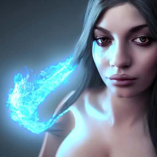Image similar to beautiful dark sorceress female, 3d render, cinematic shot, hyper realistic