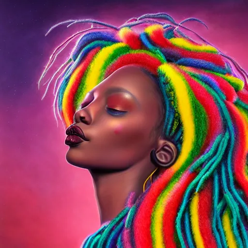 Image similar to a wide angle shot of a black girl with colorful dreadlocks in a field of candy, by Adi granov and afarin sajedi and amanda sage and evgeni gordiets and Agostino Arrivabene and adonna khare in a psychedelic portrait style, ultrarealistic matte painting, volumetric lighting, fractal, extremely symmetrical, highly detailed face, orisha, 8k, hd