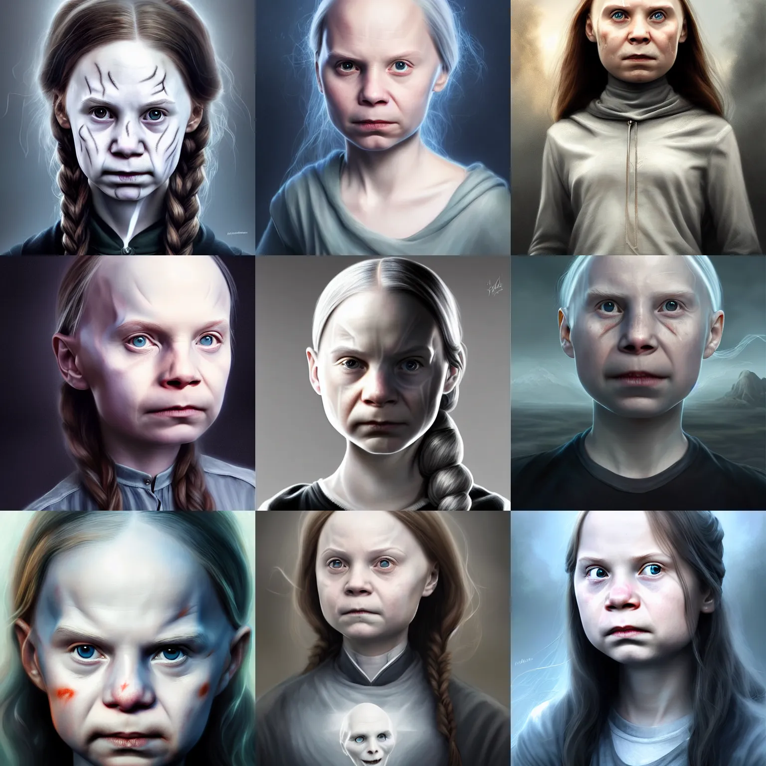 Prompt: voldemort but resembling greta thunberg ( ( ponytails ) ) blend digital painting, extremely detailed, 4 k, intricate, brush strokes, mark arian, artgerm, bastien lecouffe - deharme