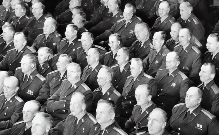 Image similar to 50s movie still of very diverse soviet generals officers marshal and politics head with very detailed faces in a stalinist parlement, by Alexei Guerman, Cinestill 800t 35mm black and white, heavy grainy picture, very detailed, high quality, 4k, HD criterion, precise texture, diverse faces, diverse haircuts, diverse ages, precise faces