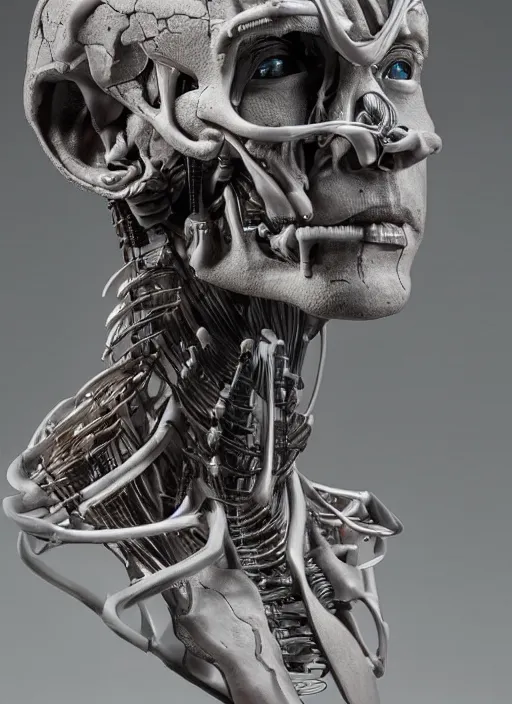 Image similar to a bust sculpture of anatomical detailed cyborg, blue blood, become human, ceramic base, orthographic, studio lighting