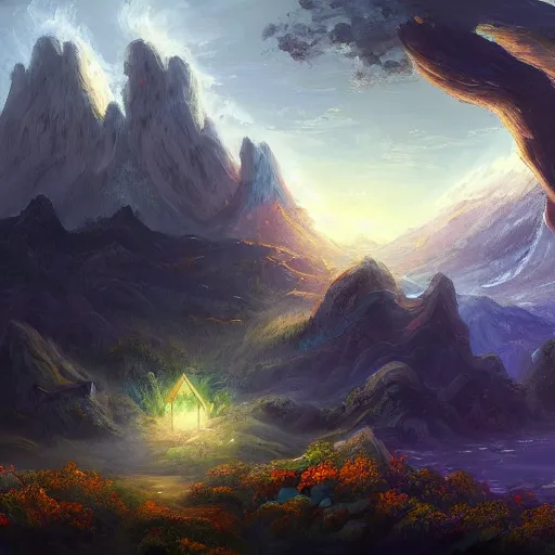 Image similar to a painting of a beautiful fantasy landscape. A giant attacks a small town, trending on artstationhd