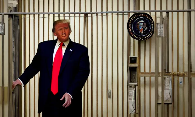 Image similar to full shot of donald trump in a dirty jail cell, body like ronnie coleman, in guantanamo, by ken loach