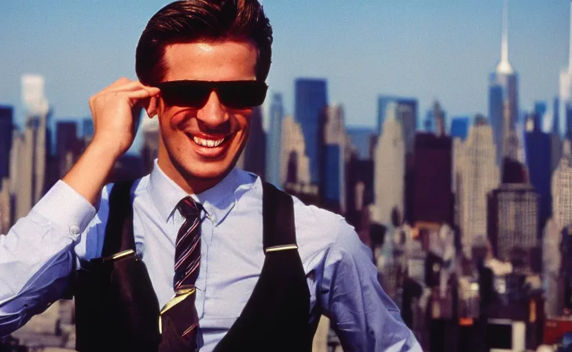 Prompt: color photo of a photomodel handsome wall street banker wearing suspenders. wearing aviator glasses in his office. cheering. new york city in the background. 8 0's style