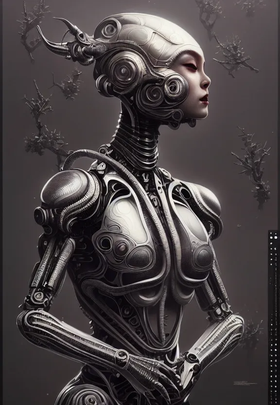 Image similar to ultra realist intricate detailed painting of a single attractive alien female, full body, curvy, black scales and cyborg tech, symmetry accurate features, very intricate details, focus, 8k render, artstyle Hiraku Tanaka and Tom Bagshaw, award winning