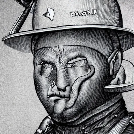 Image similar to hyperrealistic, ultra detailed, realistic render of a police officer in the style of hieronymos bosch