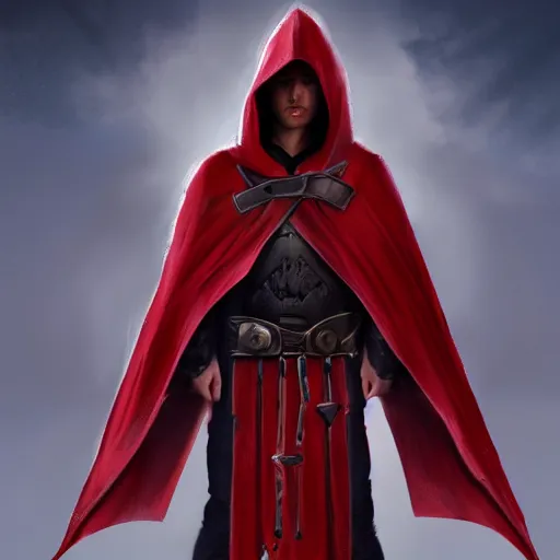 Prompt: warrior holding two swords, full body worn out cape, red hoodie, worn out clothes, symmetry, concept art, volumetric light, full body shot, 8K, trending on artstation