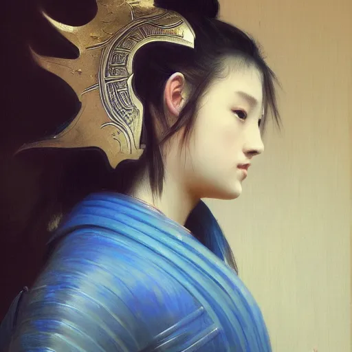 Image similar to painting of a young woman in samurai armor, blue lighting, high detail, part by Bouguereau, part by Sergeant, part by Ruan Jia, masterpiece, trending on artstation