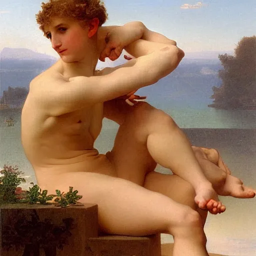 Image similar to Painting of a blond male Venus Apollo. Art by william adolphe bouguereau. During golden hour. Extremely detailed. Beautiful. 4K. Award winning.