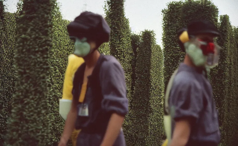 Image similar to cinestill 5 0 d photographic portrait by helen levitt of evil hazmat scientists walking through a brutalist hedge maze, extreme closeup, cinematic, modern cyberpunk, dust storm, 8 k, hd, high resolution, 3 5 mm, f / 3 2, tenet