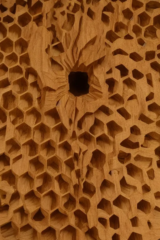 Prompt: non - euclidean labyrynth, abstract wooden carving, realistic, soaked in honeycomb