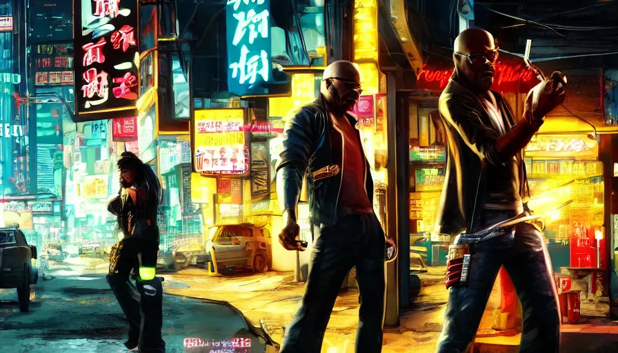 Image similar to samuel l jackson in night city eating chinese takeaway with johnny silverhand, cyberpunk 2 0 7 7, rendering, wallpaper, concept art, digital art